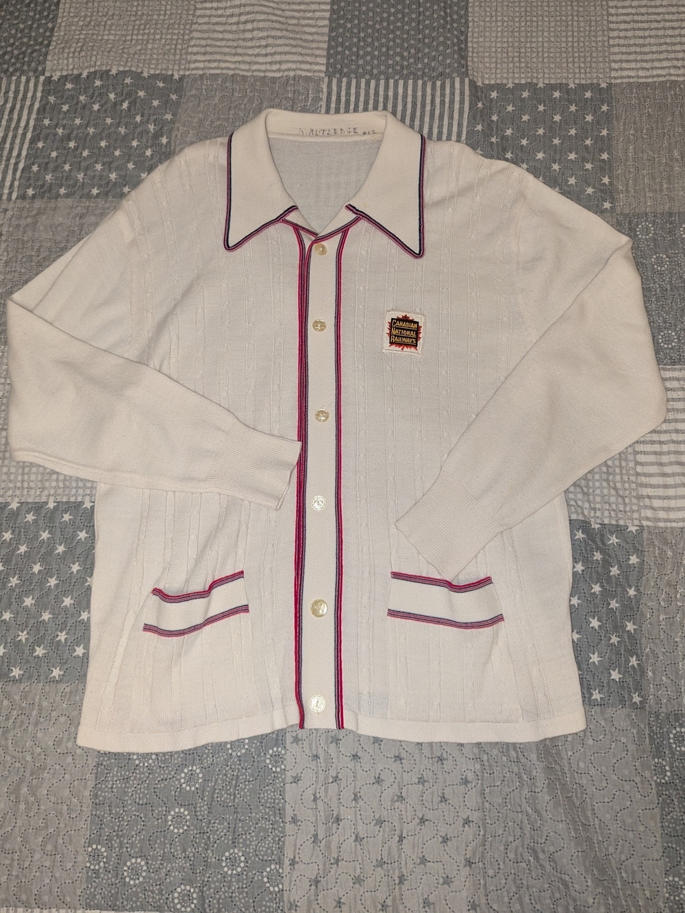 Vintage 60s 70s CN Rail Cable Knit Button Up Cardigan Polo Sweater White Red Blu